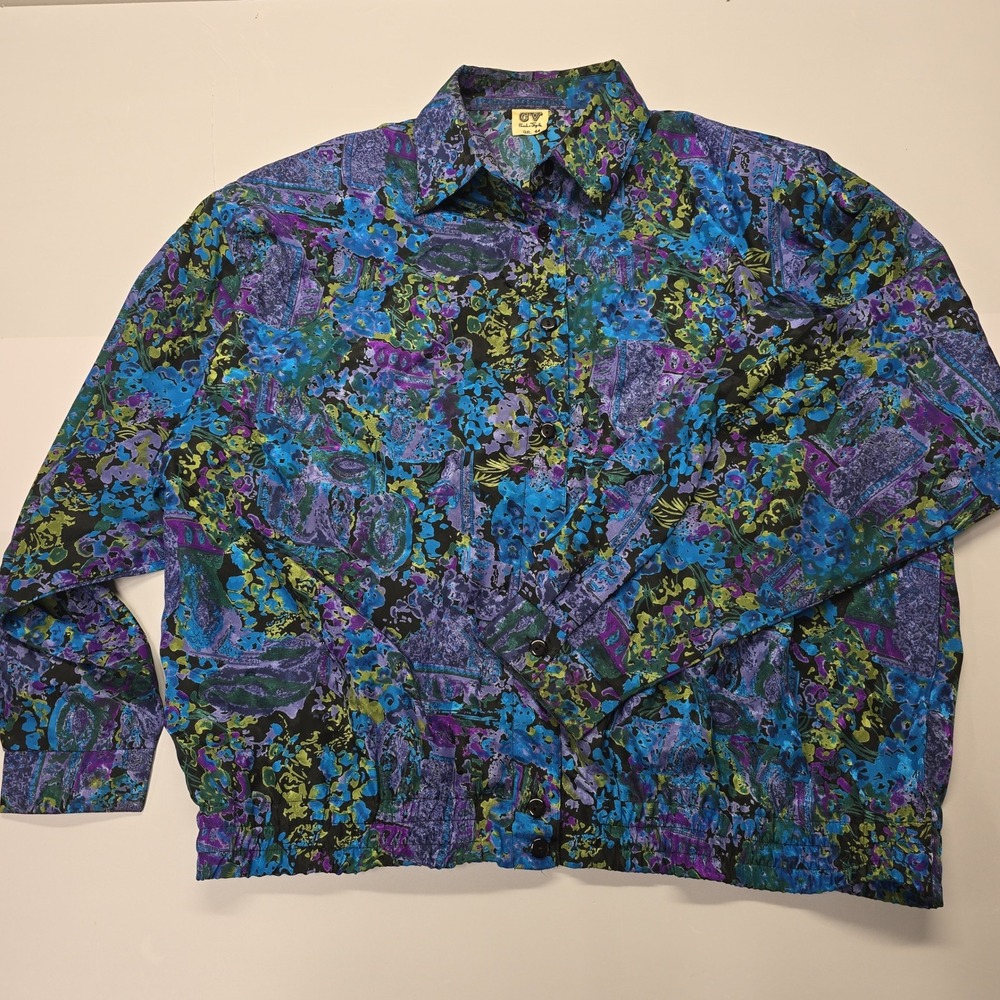 Vintage Charles Vogele CV Abstract Floral Button Up Bomber Jacket Blue Purple 44